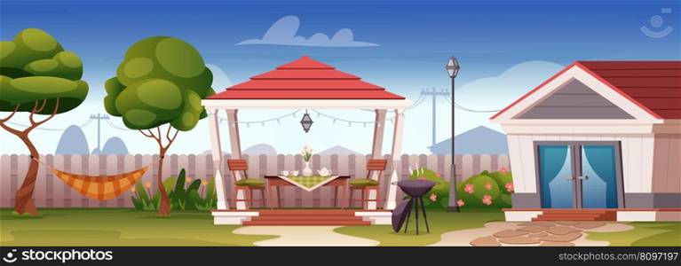 Terrace background. Outdoor village landscape with gazebo and hammock for relax time in garden exact vector template of outdoor landscape terrace illustration. Terrace background. Outdoor village landscape with gazebo and hammock for relax time in garden exact vector template