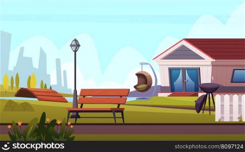 Terrace background. village outdoor relax place with barbecue and benches. Vector background of terrace for relax and summer illustration. Terrace background. village outdoor relax place with barbecue and benches. Vector background