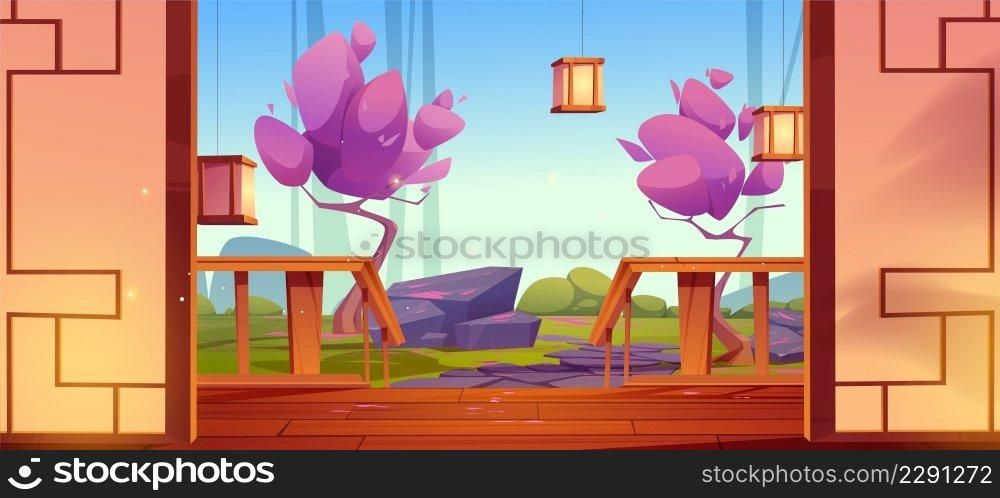 Terrace in japanese style, home, hotel or cafe interior with garden view through open patio with wooden floor, railings, lanterns and asian landscape with sakura and rocks, Cartoon vector illustration. Terrace in japanese style, home or hotel interior