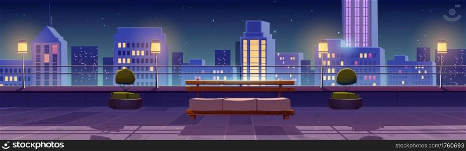 Terrace on rooftop with city view at night. Patio on roof or balcony with sofa, plants, lamps and railing on background of cityscape with modern buildings. Vector cartoon house terrace for relax. Terrace on rooftop, patio on roof at night