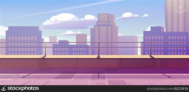 Terrace on rooftop with city view. Empty patio on roof or balcony with railing on background of cityscape with modern buildings and skyscrapers. Vector cartoon illustration of house terrace in town. Terrace on rooftop or balcony with city view