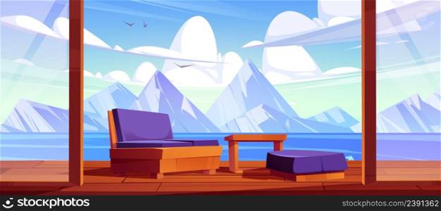 Terrace with mountain lake view. Home, villa or hotel area with sofa and ottoman stand on wooden patio with scenery nature landscape background with rocks and water pond, Cartoon vector illustration. Terrace with mountain lake view, home hotel patio