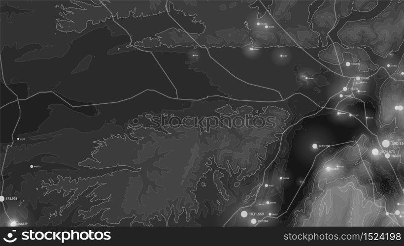 Terrain big data visualization. Futuristic map infographic. Complex topographical data graphic visualization. Abstract data on elevation graph. Monochrome geographical data image. Terrain big data visualization. Futuristic map infographic. Complex topographical data graphic visualization. Abstract data on elevation graph. Monochrome geographical data image.