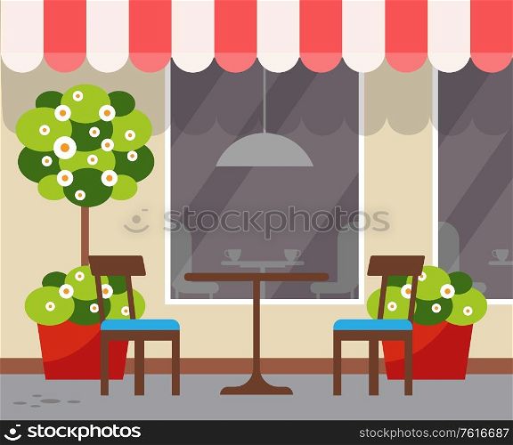 Terrasse view on restaurant exterior vector. Table with chairs in same design color, plants in pots, trees in bloom. Window of shop, coffee house store. Restaurant with Table and Seat Chairs, Terrasse