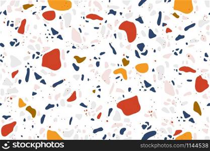Terrazzo background. Granite flooring seamless pattern, stone material texture. Vector fragment endless repeating modern Italian concrete and mosaic marble pattern. Terrazzo background. Granite flooring seamless pattern, stone material texture. Vector modern Italian concrete and marble pattern