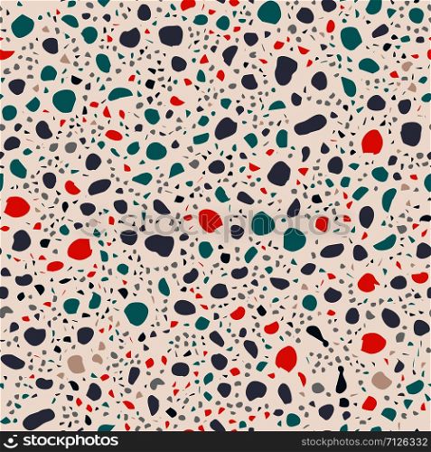 Terrazzo bright colores seamless pattern. Scattered rock and stone pieces decorative texture. Textile, tile design, fabric print, wrapping paper, wallpaper, flooring. Vector illustration.. Terrazzo bright colores seamless pattern.