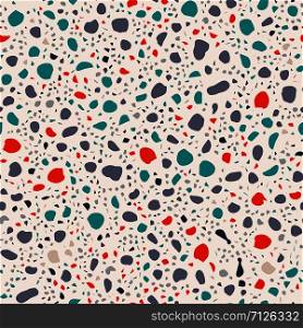 Terrazzo bright colores seamless pattern. Scattered rock and stone pieces decorative texture. Textile, tile design, fabric print, wrapping paper, wallpaper, flooring. Vector illustration.. Terrazzo bright colores seamless pattern.