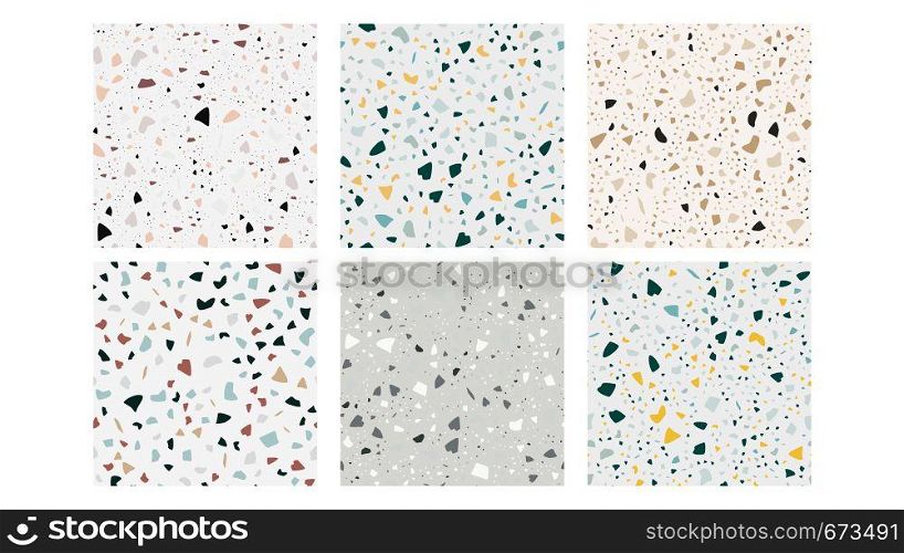 Terrazzo Flooring Seamless Patterns Set Vector. Collection Of Marble Rock Terrazzo Stone Texture Interior Or Exterior Design. Pebble Depiction For Ground Covering Decoration Flat Illustration. Terrazzo Flooring Seamless Patterns Set Vector