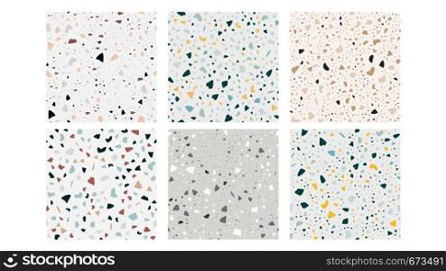 Terrazzo Flooring Seamless Patterns Set Vector. Collection Of Marble Rock Terrazzo Stone Texture Interior Or Exterior Design. Pebble Depiction For Ground Covering Decoration Flat Illustration. Terrazzo Flooring Seamless Patterns Set Vector