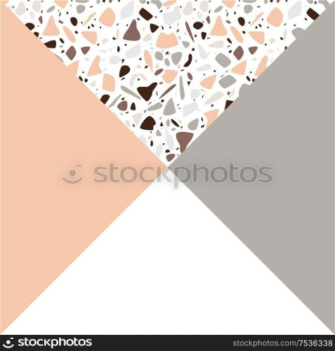 Terrazzo pattern design with hand drawn rocks and geometric shapes. Abstract modern background, flat vector illustration