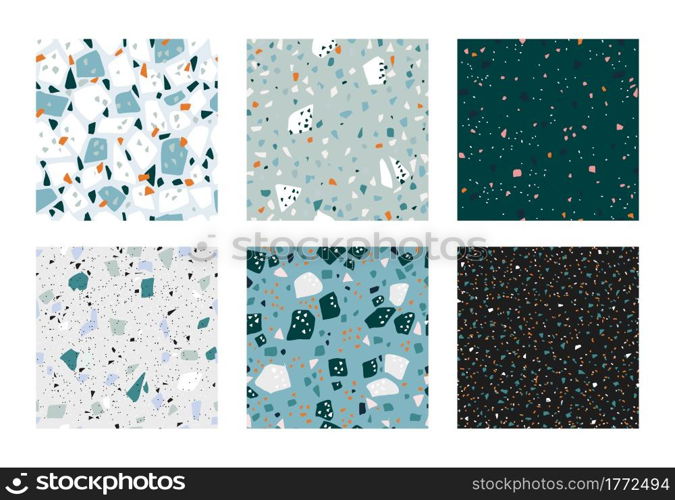 Terrazzo pattern. Seamless Italian concrete textures with granite stone pieces. Abstract marble rock tiles set. Decorative modern mosaic with colorful particles. Vector interior blue flooring mockup. Terrazzo pattern. Seamless Italian concrete textures with granite stone pieces. Abstract marble rock tiles set. Decorative mosaic with colorful particles. Vector interior blue flooring