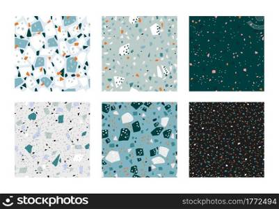 Terrazzo pattern. Seamless Italian concrete textures with granite stone pieces. Abstract marble rock tiles set. Decorative modern mosaic with colorful particles. Vector interior blue flooring mockup. Terrazzo pattern. Seamless Italian concrete textures with granite stone pieces. Abstract marble rock tiles set. Decorative mosaic with colorful particles. Vector interior blue flooring