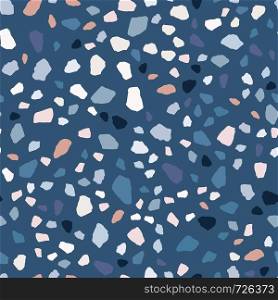 Terrazzo seamless pattern design. Marble wallpaper on blue background. Natural stone, granite, quartz shapes. Modern backdrop textured.. Terrazzo seamless pattern design. Marble wallpaper illustration