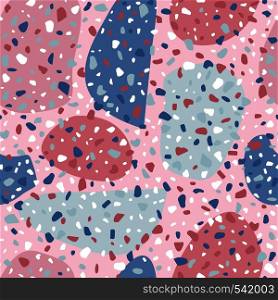 Terrazzo seamless pattern design. Marble wallpaper on pink background. Modern backdrop textured. Natural stone, granite, quartz shapes. Concept trendy fabric design.. Terrazzo seamless pattern design. Marble wallpaper on pink background.