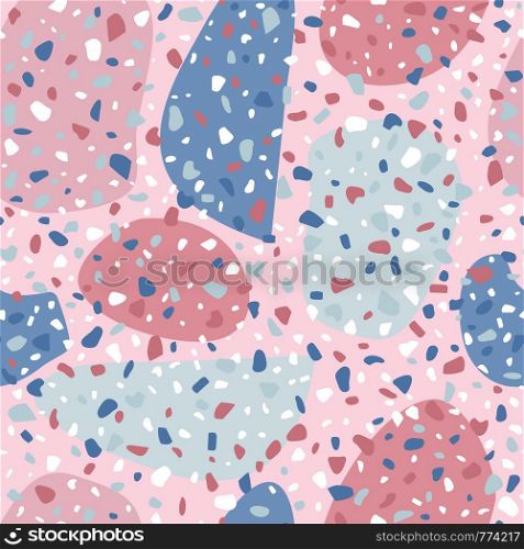 Terrazzo seamless pattern design. Marble wallpaper on pink background. Modern backdrop textured. Natural stone, granite, quartz shapes. Concept trendy fabric design.