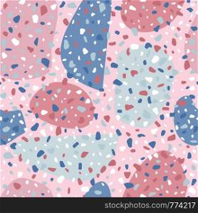 Terrazzo seamless pattern design. Marble wallpaper on pink background. Modern backdrop textured. Natural stone, granite, quartz shapes. Concept trendy fabric design.
