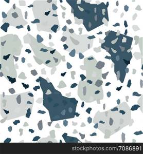 Terrazzo seamless pattern design. Monochrome natural stone, granite, quartz shapes. Rock backdrop textured. Marble wallpaper on white background. Vector illustration. Terrazzo seamless pattern design. Monochrome natural stone
