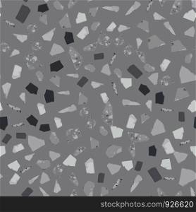 Terrazzo seamless pattern design on gray background. Natural stone, granite, quartz shapes. Rock backdrop textured. Abstract marble wallpaper. Vector illustration.. Terrazzo seamless pattern design on gray background.