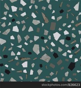 Terrazzo seamless pattern design on green background. Natural stone, granite, quartz shapes. Rock backdrop textured. Abstract marble wallpaper. Vector illustration.. Terrazzo seamless pattern design. Natural stone, granite, quartz shapes.