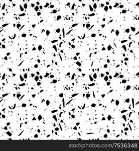 Terrazzo seamless pattern design with hand drawn rocks. Black and white abstract modern background, flat vector illustration