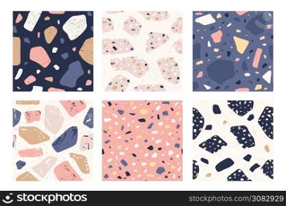 Terrazzo seamless pattern. Italian decorative stone tile with chaotic stains, granite mosaic textured shapes repeating sample vector set. Illustration surface stone, pattern tile endless. Terrazzo seamless pattern. Italian decorative stone tile with chaotic stains, granite mosaic textured shapes repeating sample vector set