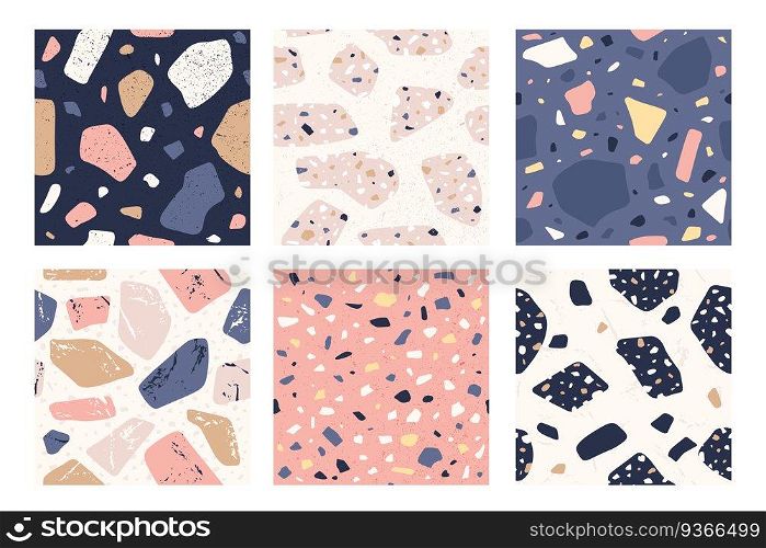 Terrazzo seamless pattern. Italian decorative stone tile with chaotic stains, granite mosaic textured shapes repeating sample vector set. Illustration surface stone, pattern tile endless. Terrazzo seamless pattern. Italian decorative stone tile with chaotic stains, granite mosaic textured shapes repeating sample vector set