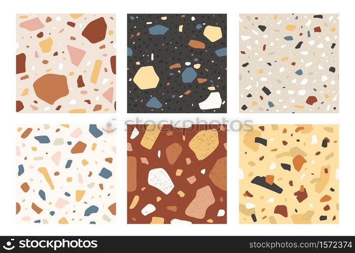 Terrazzo seamless pattern. Veneziano italian stone mosaic composite texture, decorative tile. Granite flooring textured sample, vector set. Colorful chaotic elements and pieces collection. Terrazzo seamless pattern. Veneziano italian stone mosaic composite texture, decorative tile. Granite flooring textured sample, vector set