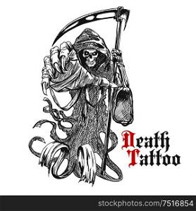 Terrible grim reaper or death with scythe character. Sketch of spooky skeleton wearing long hooded cape with reaper in bony hand. For tattoo, t-shirt print or Halloween design usage. Grim reaper sketch with skeleton in cape