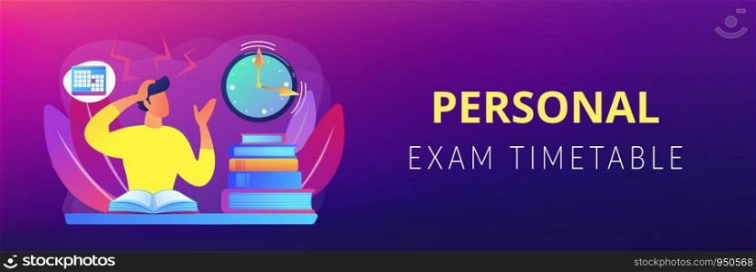 Terrible time crunch, cramming material before tests, examination. Exams and test results, personal exam timetable, exam stress and anxiety concept. Header or footer banner template with copy space.. Exams and tests concept banner header