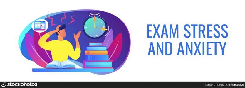Terrible time crunch, cramming material before tests, examination. Exams and test results, personal exam timetable, exam stress and anxiety concept. Header or footer banner template with copy space.. Exams and tests concept banner header