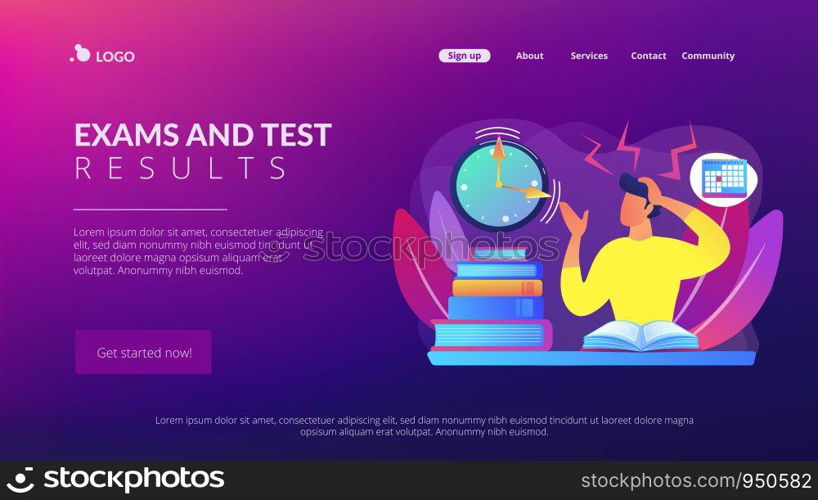 Terrible time crunch, cramming material before tests, examination. Exams and test results, personal exam timetable, exam stress and anxiety concept. Website homepage landing web page template.. Exams and tests concept landing page