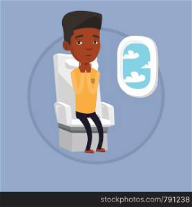 Terrified african-american airplane passenger shocked by plane flight in a turbulent area. Airplane passenger frightened by flight. Vector flat design illustration in the circle isolated on background. Young man suffering from fear of flying.