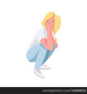 Terrified woman flat color vector detailed character. Scared girl hiding and covering mouth isolated cartoon illustration for web graphic design and animation. Frightened lady with panic attack. Terrified woman flat color vector detailed character