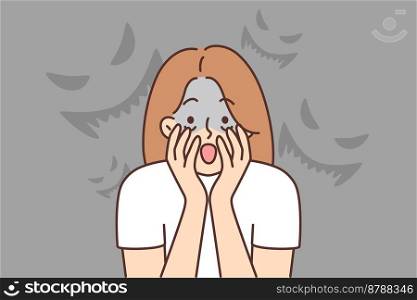 Terrified young woman feel afraid being alone outdoors surrounded by scary faces. Scared female feel fear and shock outside. Vector illustration. . Scared woman feel afraid 