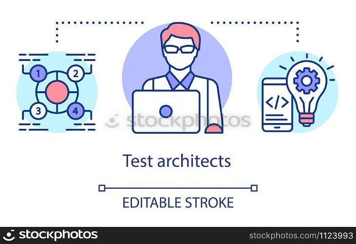 Test architects concept icon. IT developers idea thin line illustration. Creative employee. Software testing process. Indicating issues and problems. Vector isolated outline drawing. Editable stroke