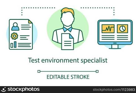 Test environment specialist concept icon. IT employee idea thin line illustration. Software testing process. Indicating issues and problems. Vector isolated outline drawing. Editable stroke