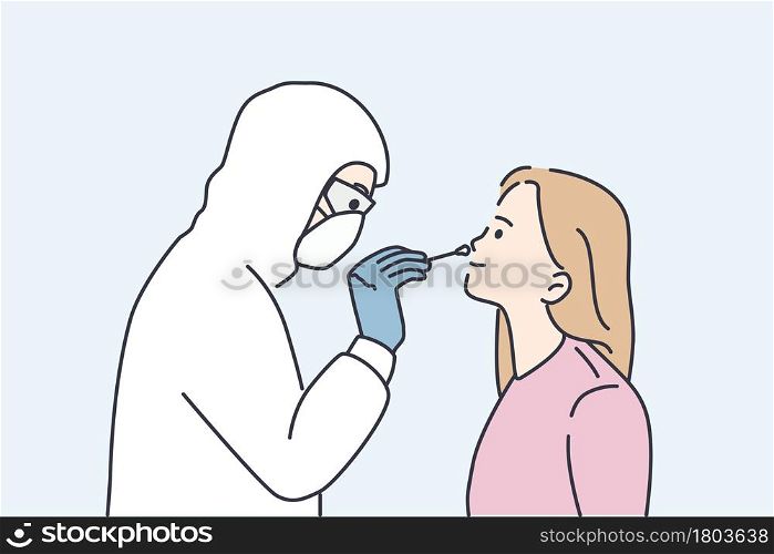 Test for coronavirus infection concept. Doctor in white protective uniform taking test for COVID-19 from young girls nose with stick during pandemic vector illustration . Test for coronavirus infection concept