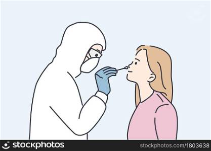 Test for coronavirus infection concept. Doctor in white protective uniform taking test for COVID-19 from young girls nose with stick during pandemic vector illustration . Test for coronavirus infection concept