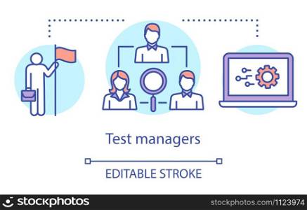 Test managers concept icon. Control and supervision idea thin line illustration. Software testing process. Indicating issues and problems. Vector isolated outline drawing. Editable strokee. Test managers concept icon. Control and supervision idea thin line illustration. Software testing process. Indicating issues and problems. Vector isolated outline drawing. Editable stroke