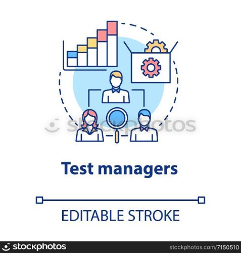 Test managers concept icon. Software development idea thin line illustration. App programming. System functionality check. IT project management. Vector isolated outline drawing. Editable stroke