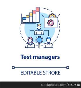 Test managers concept icon. Software development idea thin line illustration. App programming. System functionality check. IT project management. Vector isolated outline drawing. Editable stroke