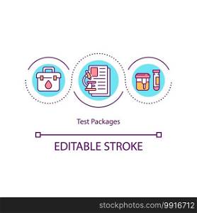 Test packages concept icon. Full body checking instruments. Different health care facility procedures idea thin line illustration. Vector isolated outline RGB color drawing. Editable stroke. Test packages concept icon