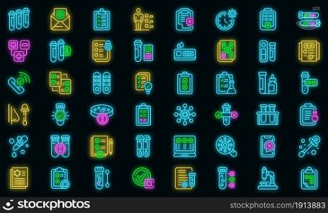 Test result icons set. Outline set of test result vector icons neon color on black. Test result icons set vector neon