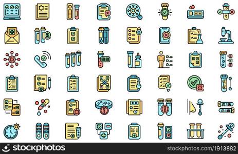 Test result icons set. Outline set of test result vector icons thin line color flat isolated on white. Test result icons set line color vector