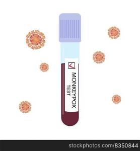 Test tube, blood sample with positive test for monkeypox virus and virus cells isolated on white background. Vector illustration.. Test tube with positive test for monkeypox virus