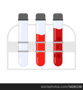 Test tube for coronavirus or covid-19. Blood lab glass icon. Medical liquid sample of test-tube. Isolated flask in flat illustration. Vector EPS 10
