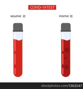 Test tube for virus. Infected blood and clear. Covid-19 test tube. Coronavirus test result. Positive or negative test of blood. Isolated with text. Vector EPS 10.