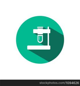 Test tube icon with shadow on a green circle. Flat color vector pharmacy illustration