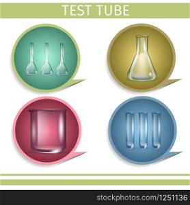 Test Tube. Laboratory Glassware Set. Different Bottles and Flasks inside of Colorful Circles. Clip Art for Medical Use. Chemical Transparent Glass for Clinic Lab. Vector Realistic Illustration, Icons.. Test Tube. Laboratory Glassware Icon Set. Flasks