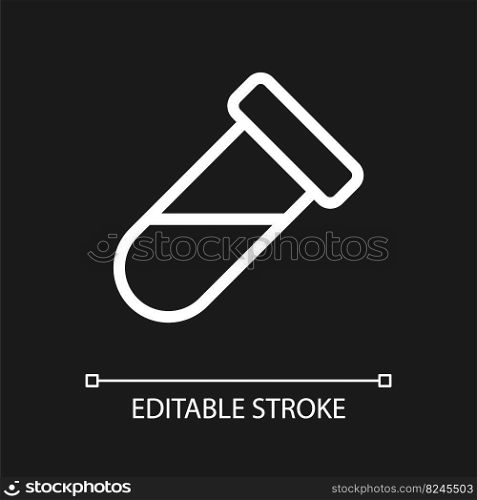 Test tube pixel perfect white linear ui icon for dark theme. Lab research. Scientific instrument. Vector line pictogram. Isolated user interface symbol for night mode. Editable stroke. Arial font used. Test tube pixel perfect white linear ui icon for dark theme